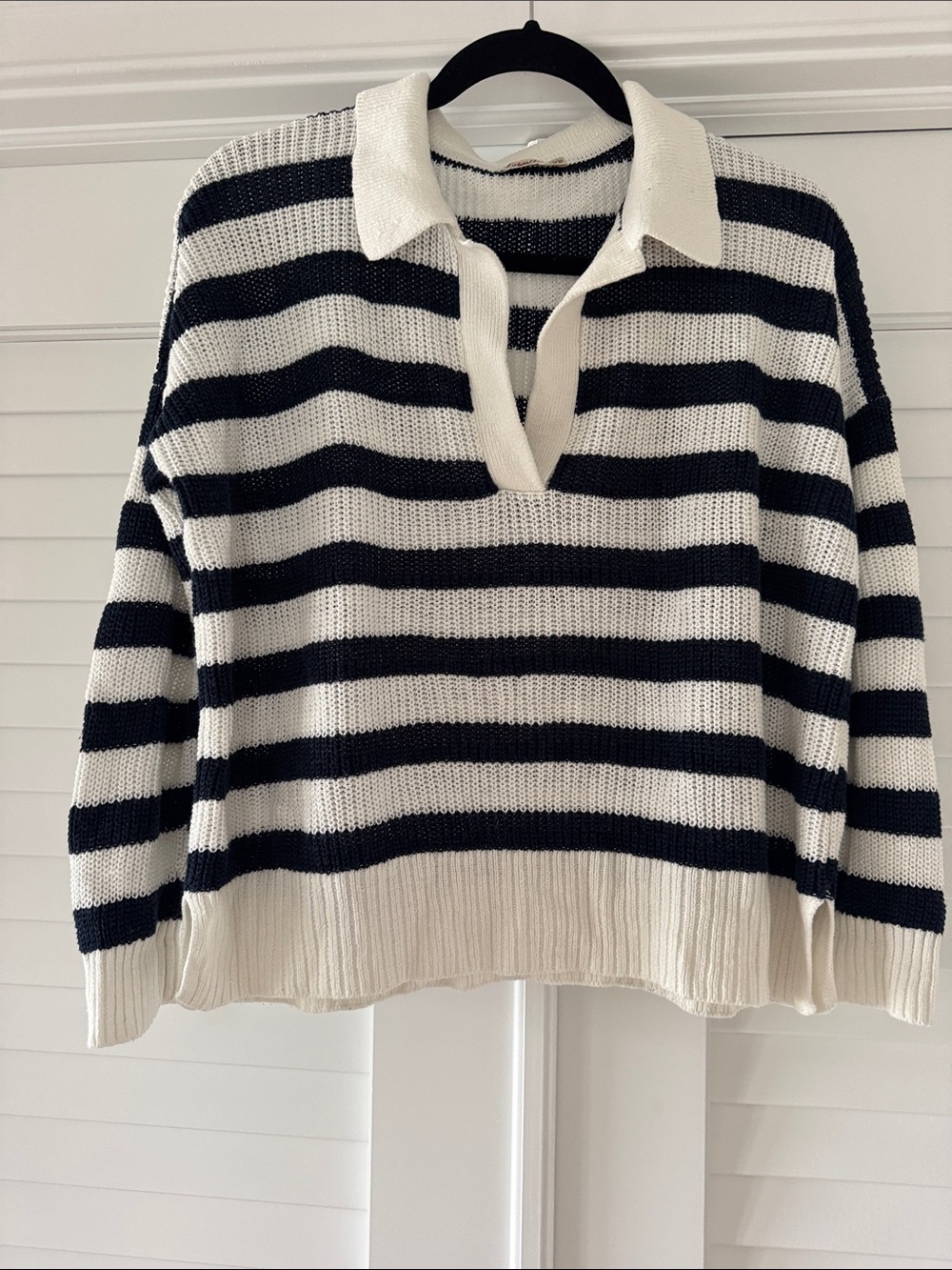 Faherty Navy & White Striped V-Neck Polo Sweater